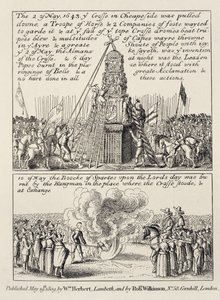 Der Abriss des Cheapside-Kreuzes durch Ikonoklasten und Puritaner und das Verbrennen des Buches der Sportarten am selben Ort am folgenden Sonntag im Mai 1643, 1809 von English School