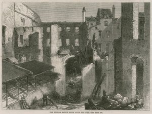 Die Ruinen des Savile House, Leicester Square, London, nach dem Feuer von English School