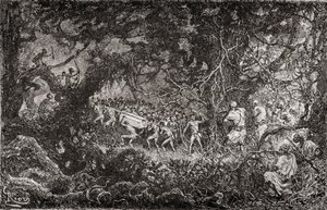 Die Späher auf Sir Henry Morton Stanleys Emin-Pascha-Entlastungsexpedition in Afrika 1888 entdecken Pygmäen, die eine Munitionskiste wegtragen, veröffentlicht 1890 von English School