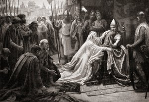 Die Frau von König Edward III., Königin Philippa von Hennegau, bittet ihren Mann, das Leben der sieben Bürger von Calais zu verschonen (Druck) von English School