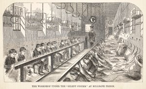 Die Werkstatt unter dem Silent System im Millbank-Gefängnis, Illustration aus The Criminal Prisons of London and Scenes from Prison Life von Henry Mayhew und John Binny, veröffentlicht 1862