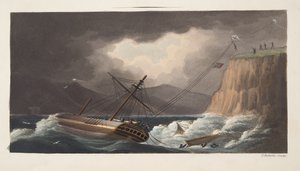 "Versuche unternommen", Milton, Detail aus dem Frontispiz von "Die Aeropleustische Kunst oder Navigation in der Luft durch den Einsatz von Drachen oder Auftriebssegeln, veröffentlicht 1827 (handkolorierte Aquatinta) von English School