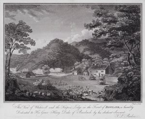 Diese Ansicht von Whitewell und der Hütte des Försters im Wald von Bowland ist demütig Seiner Gnaden Henry Duke of Buccleuch gewidmet, von seinem gehorsamen Diener J L Parker (Gravur)