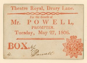 Ticket für Drury Lane Theatre, London: Zum Vorteil von Mr Powell, Souffleur, 27. Mai 1806 von English School