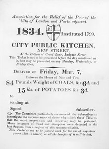 Ticket für Bedürftige zum Erhalt von Kohle und Kartoffeln aus der städtischen Volksküche, New Street, London, 1834 von English School