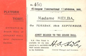 Eintrittskarte für Nellie Melba bei der Glasgow International Exhibition, 1901 von English School