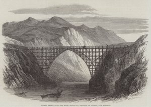 Holzbrücke über den Fluss Wai-Au-Ua, Provinz Nelson, Neuseeland (Stich)