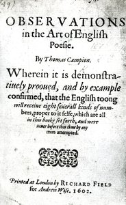 Titelseite für Observations in the Art of English Poesie von Thomas Campion, veröffentlicht 1602 von English School