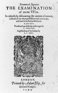 Titelseite für Die Untersuchung der Geistesfähigkeiten der Menschen von Juan Huarte, veröffentlicht 1594 von English School