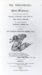 Titelseite zu The Bibliomania von Rev. Thomas Frognall Dibdin, veröffentlicht 1809 von English School