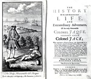 Titelseite und Frontispiz für The History of the most Remarkable Life and Extraordinary Adventures of the truly Honourable Colonel Jaque von Daniel Defoe, 1738 von English School