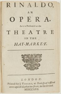 Titelseite aus dem Libretto von Händels Oper "Rinaldo", von Giacomo Rossi, 1717 von English School