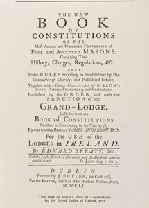 Titelseite von Spratts Buch der Konstitutionen für die Großloge in Irland, 1751