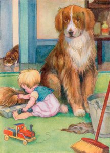Kleinkind spielt mit dem Schwanz eines Hundes