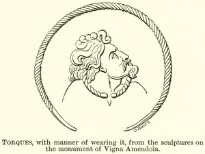 Torques, mit Trageweise, von den Skulpturen auf dem Denkmal von Vigna Amendola (Gravur) von English School