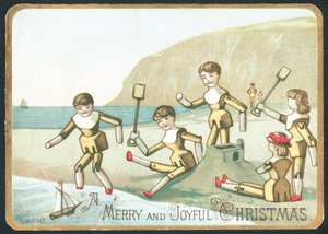 Spielzeug spielt am Strand, Weihnachtskarte von English School