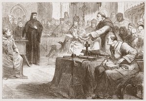 Prozess gegen Wicliffe, Illustration aus Die Geschichte des Protestantismus von James Aitken Wylie, veröffentlicht 1878 von English School