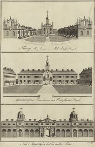 Trinity Almshouses in Mile End Road, Ironmongers Almshouses in Kingsland Road und die königlichen Ställe in den Mews, London