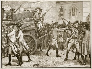 Truppen eskortieren das gestempelte Papier zum Rathaus von New York, 1766, Illustration aus Cassells Illustrierter Geschichte Englands
