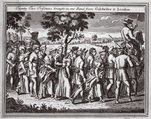 Zweiundzwanzig Gefangene in einer Gruppe von Colchester nach London gebracht, Illustration aus Foxes Märtyrer, ca. 1703