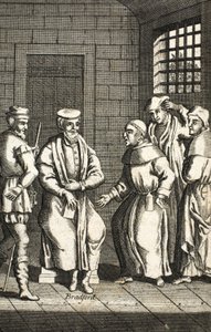 Zwei spanische Mönche sprechen mit Mr. Bradford, Illustration aus Foxes Märtyrer, ca. 1703