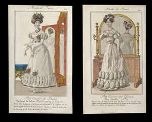 Zwei Modeplatten von Damen im Abendkleid, Anzeigen aus Modes de Paris, ca. 1825
