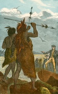 Zwei Eingeborene streiten über die Landung von Captain Cook