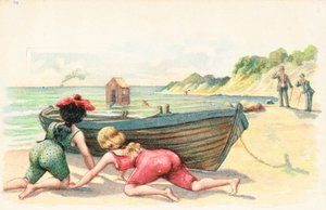 Zwei Frauen in Badeanzügen verstecken sich hinter einem Ruderboot