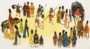 Unbekannte Szene eines japanischen Stadtschreiers, der eine Ankündigung an die Menge macht
