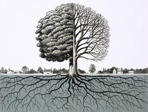 Unidentifizierter Baum, zeigt zur Hälfte ohne Blätter und Wurzelsystem