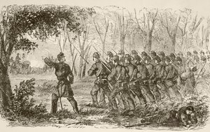 Unionssoldaten auf dem Plateau bei der ersten Schlacht von Bull Run (Lithografie)