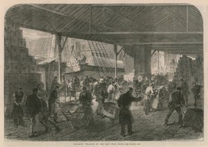 Entladen von Teeschiffen in den East India Docks von English School