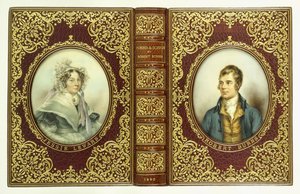 Obere und untere Einbände und Rücken mit ovalen Porträts von Robert Burns und Jessie Lewars von English School