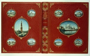 Obere und untere Einbände, zehn ovale Miniaturen von Moscheen, mit vergoldeten Rändern von English School