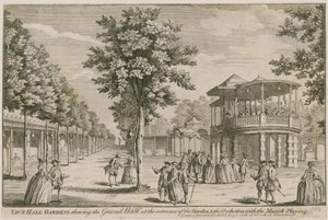 Vauxhall-Gärten, London, zeigt den Grand Walk am Eingang des Gartens und das Orchester, mit Musik