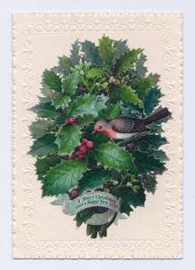 Viktorianische Weihnachts- und Neujahrskarte mit einem Rotkehlchen in einem Strauß aus Stechpalmenblättern, ca. 1880 von English School
