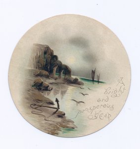 Viktorianische Neujahrskarte mit einer Meereslandschaft und zwei Yachten bei Mondschein, ca. 1880