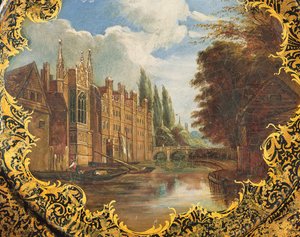 Viktorianischer Teller dekoriert mit einer Szene des St. Johns College, Cambridge, Third Court und seiner Brücke