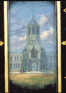 Viktorianisches Nähschrankpanel dekoriert mit einer Szene der Christ Church, Oxford