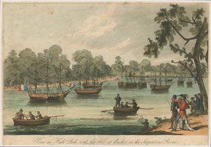 Blick in den Hyde Park mit der Flotte vor Anker auf dem Serpentine River. Naumachia. Frieden von 1814 von English School