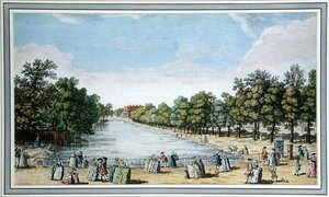 Ansicht formaler Gärten mit einem See, wahrscheinlich das Long Water im Hampton Court von English School
