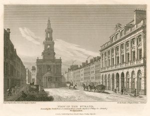 Ansicht des Strands, einschließlich der Nordfront des Somerset House und der Kirche St. Mary-Le-Strand, Westminster, London