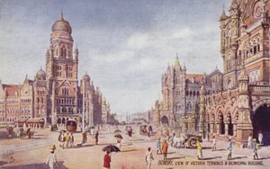 Ansicht des Victoria-Terminus und des Gemeindegebäudes, Bombay von English School
