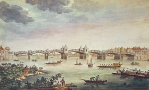 Ansicht der Brücke über die Themse bei Hampton Court, graviert von John Bowles (fl. 1724-56) von English School