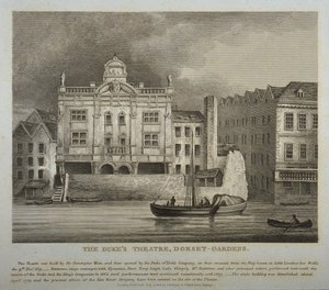 Ansicht des Dukes Theatre, Dorset Gardens, von der Themse aus, 1814 von English School