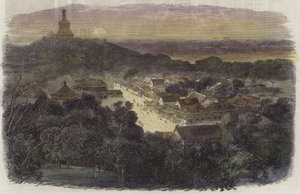 Blick auf die Gärten und den buddhistischen Tempel in der Kaiserlichen Stadt