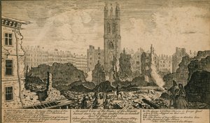 Ansicht der Ruinen der durch das Feuer in Cornhill, London, am 25. März 1748 niedergebrannten Häuser