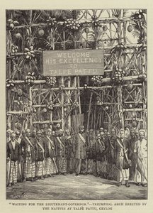 "Warten auf den Vizegouverneur", Triumphbogen, errichtet von den Einheimischen in Talpe Pattu, Ceylon von English School