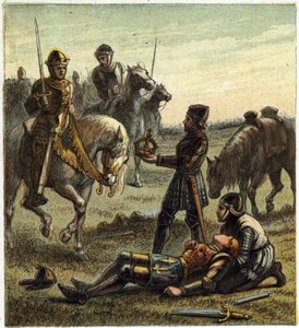 Rosenkriege: Tod von König Richard III. (1452-1485) während der Schlacht von Bosworth Field am 22.08.1485 zwischen Richard III. und Henri, Herzog von Richmond. Letzterer erhielt die Krone des gestürzten Königs und wurde als Heinrich VII. bekannt. von English School