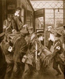 Kriegsverwundete kommen an einem Londoner Bahnhof an, 1914-19 von English School